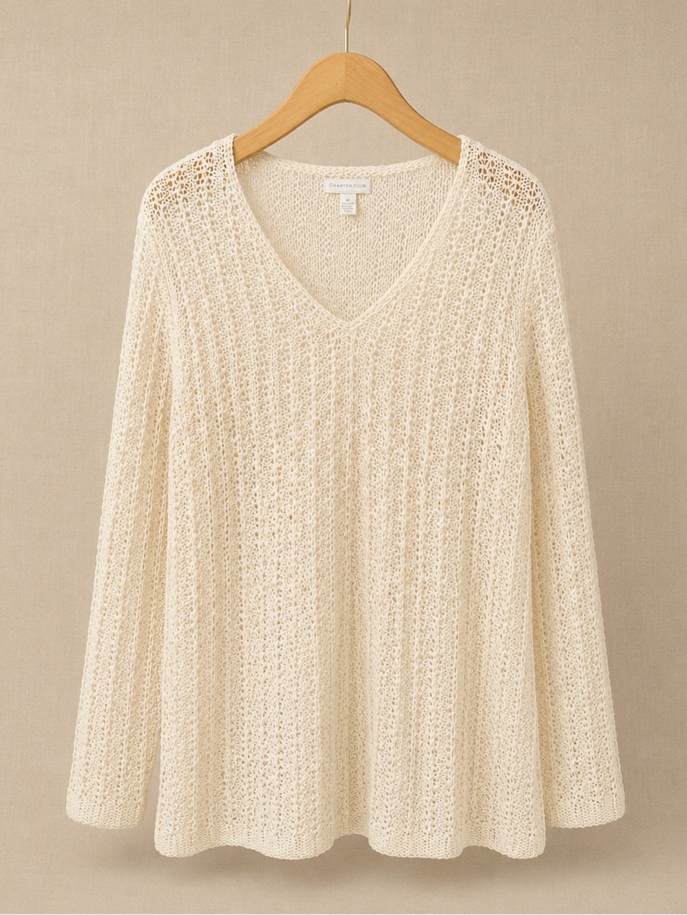 CHARTER CLUB Open Knit Crochet Sweater Ivory Boho Beach Coverup L